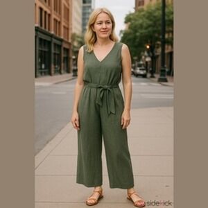 Vince Camuto Linen Blend Wide Leg Jumpsuit Romper Green Belted Pockets Boho Sz 8
